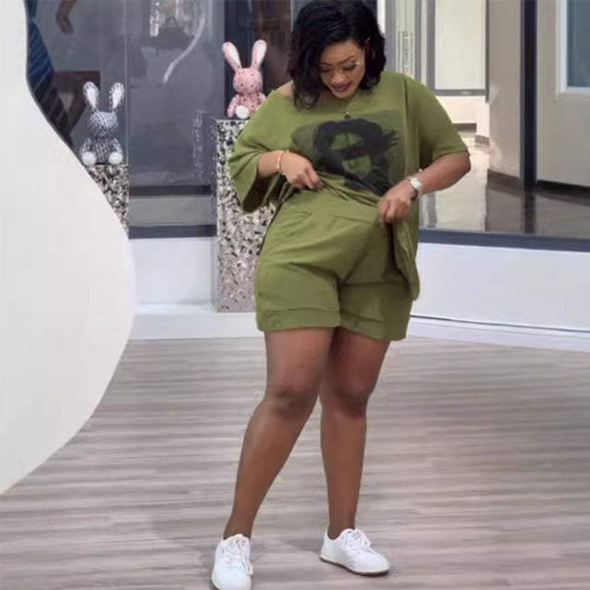 Women Fashion Casual Plus Size Printed Short-Sleeve T-Shirt and Loose Shorts Two-Piece Set