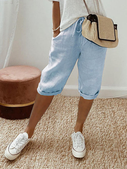 Women Casual Cotton And Linen Solid Color Pocket Pants