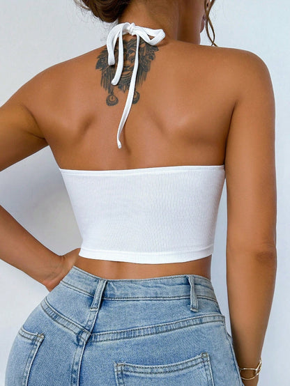 Top corto calado de color sólido sexy a la moda para mujer