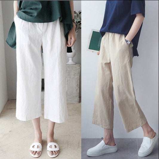 Women Fashion Casual Solid Color Linen Loose Cropped Pants