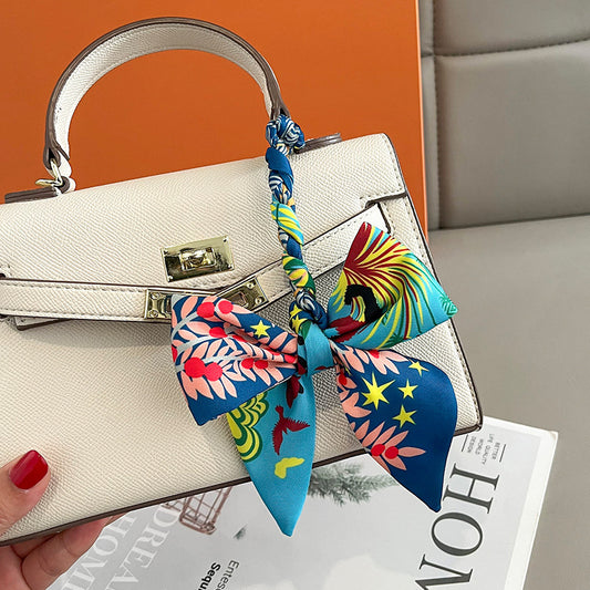Women Fashion Printed Ribbon Tie Bag Handle Scarf