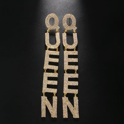 Women Fashion Exaggerated Long Zircon Queen Letter Earrings