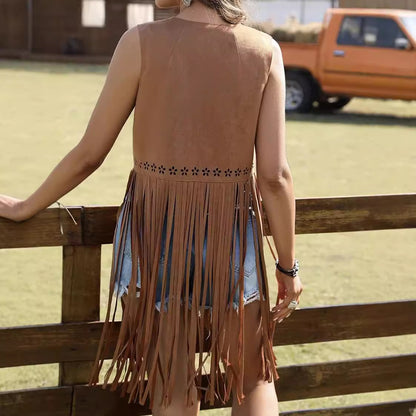 Women Casual Retro Solid Color Suede Tassel Vest