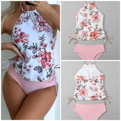 Women Fashion Floral Printed Halter Neck Top Triangle Pantie Tankinis Swimsuit 2pcs Set