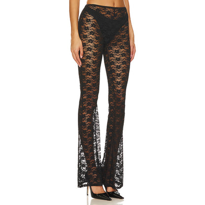 Pantalones acampanados de encaje transparente para mujer