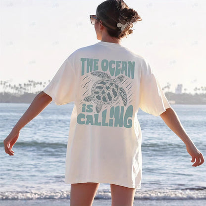 Camiseta informal de algodón con estampado de letras y tortugas para mujer