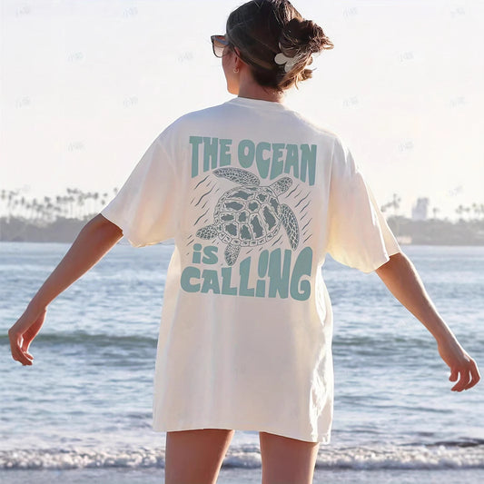 Camiseta informal de algodón con estampado de letras y tortugas para mujer