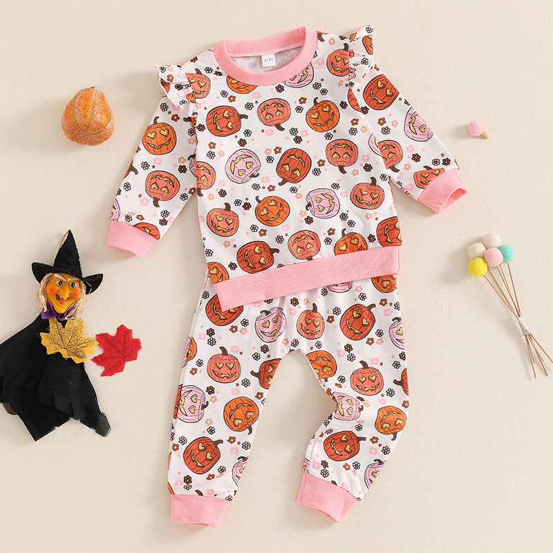 Conjunto de algodón con estampado de calabaza de Halloween para niñas y bebés