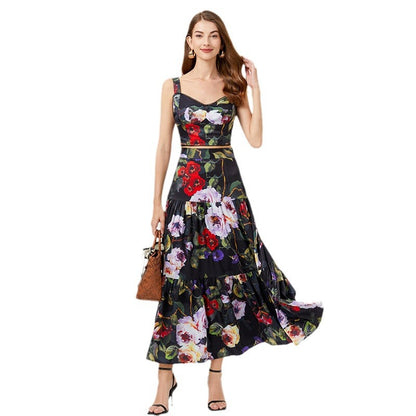 Women Summer Vacation Floral Print Crop Tank Top Long Skirt Set