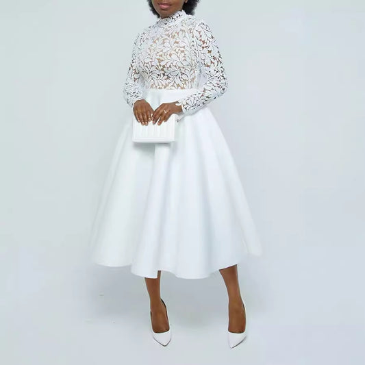 Women Fashion Solid Color Lace Petal Dress