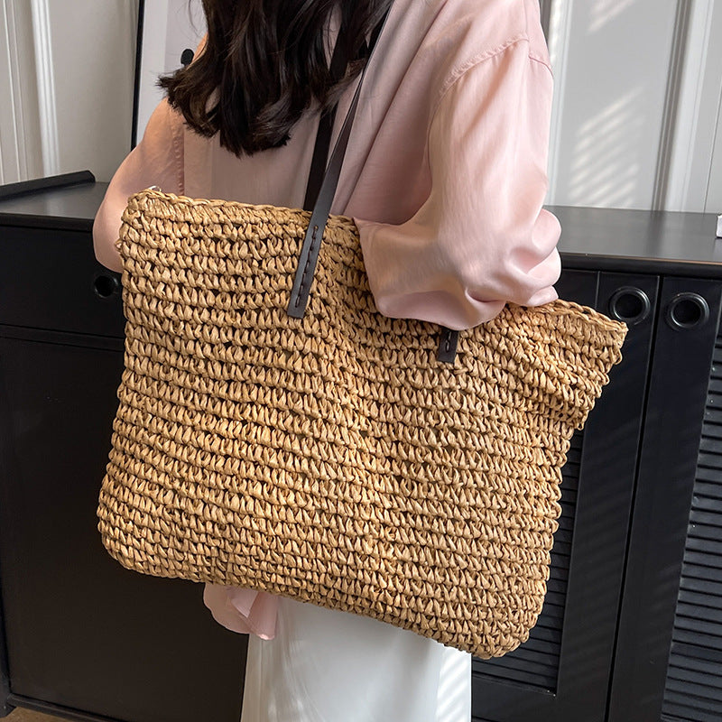 Bolso tote tejido de paja de color sólido, informal, de moda para mujer, con gran capacidad