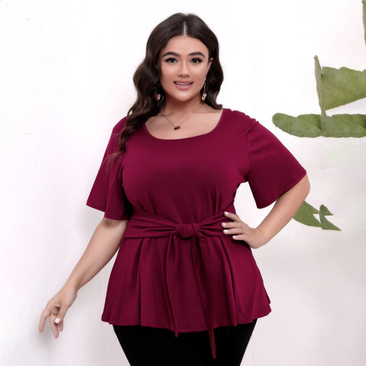 Women Casual Plus Size Solid Color Lace-Up T-Shirt