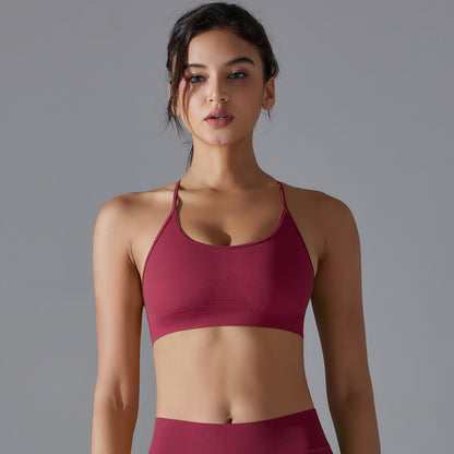 Soutien-gorge de sport sexy sans coutures pour femmes, couleur unie, croisé, dos nu, pour le yoga