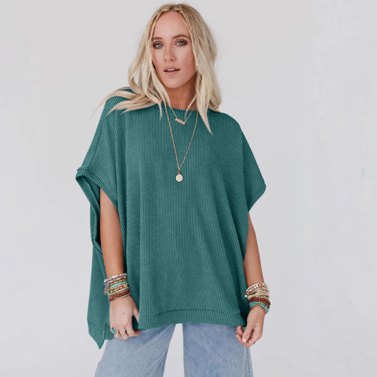 Women Fashion Solid Color Short Sleeve Loose Top