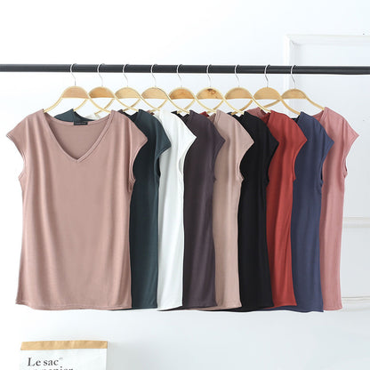Camiseta informal de manga corta con cuello en V y color liso para mujer