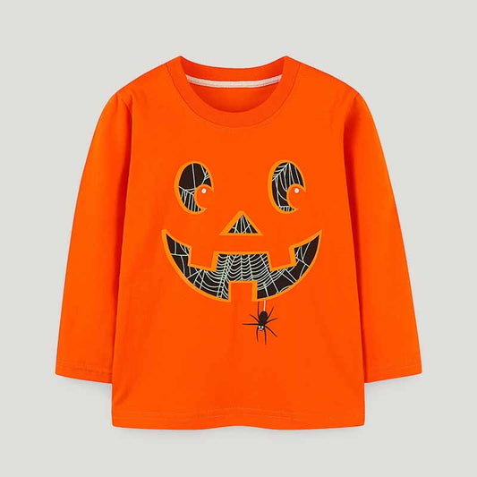 T-shirt à manches longues en coton imprimé citrouille pour enfants, garçons et filles
