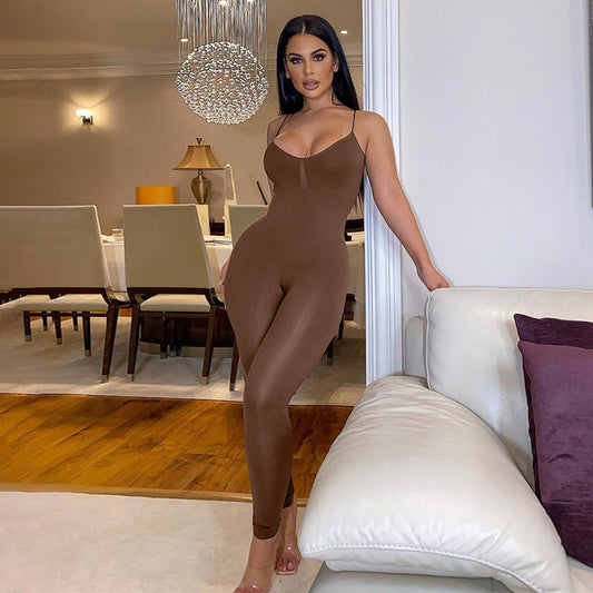 Women Fashion Spaghetti Strap Yoga Jumpsuit with Elastic Waist