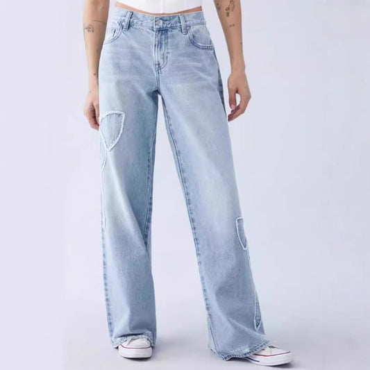 Women Fashion Embroidered Side Edge Butterfly Loose Jeans
