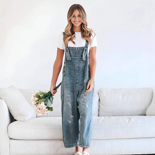 Women Casual Ripped Denim Jumpsuit with Wide Leg Style