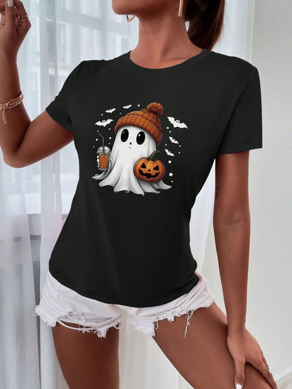 Camiseta de calabaza de Halloween de manga corta y cuello redondo