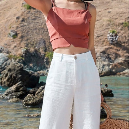 Pantalones anchos de cintura alta de lino y algodón para mujer