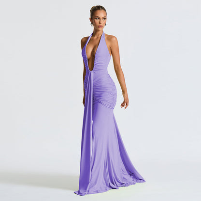 Robe sexy à col licou de couleur unie pour femme