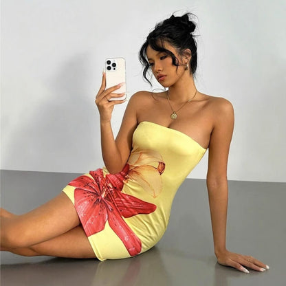 Women Fashion Sexy Flower Printed Tube Top Tight Dress