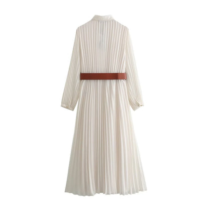 Vestido camisero plisado midi con cinturón de moda informal de verano para mujer