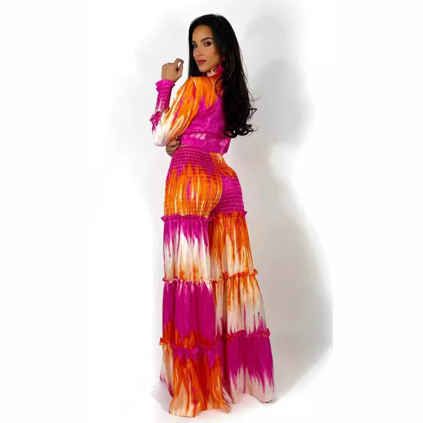 Conjunto de top corto de manga larga con efecto tie-dye para mujer