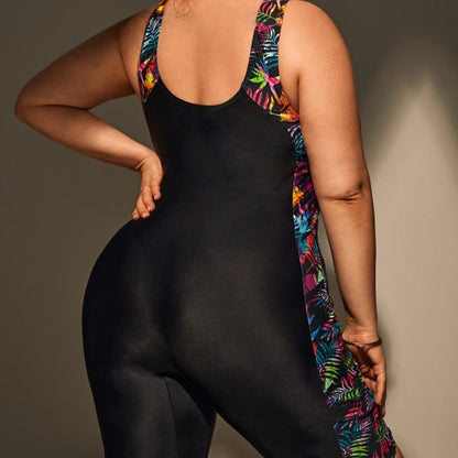 Traje de baño deportivo de una pieza sin mangas con costuras estampadas a la moda para mujer, talla grande
