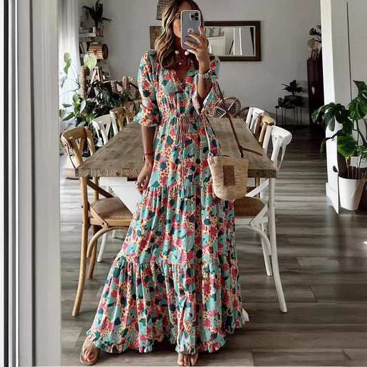 Women Fashion Elegant Boho Printed V-Neck Long-Sleeve Dress