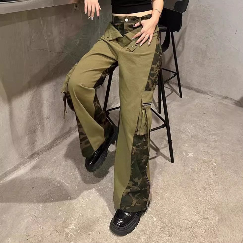 Women Fashion Retro High Waist Camouflage Stitched Jeans