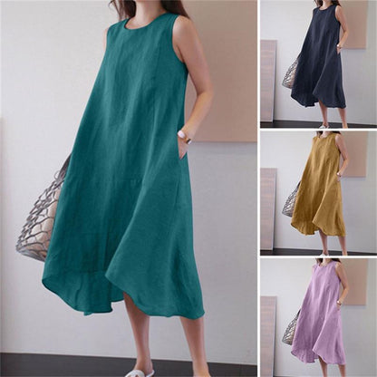 Robe décontractée sans manches en coton et lin de couleur unie pour femme
