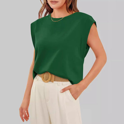 Camiseta holgada informal de verano para mujer, color liso, cuello redondo