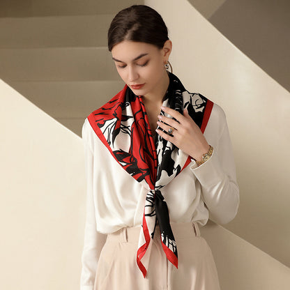 Bufanda cuadrada de seda con estampado de flores vintage de primavera para mujer