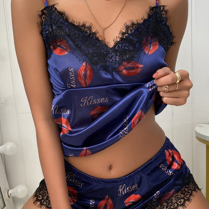 Women Cozy Heart Love Printed Lace Satin Pajamas Two-Piece Set