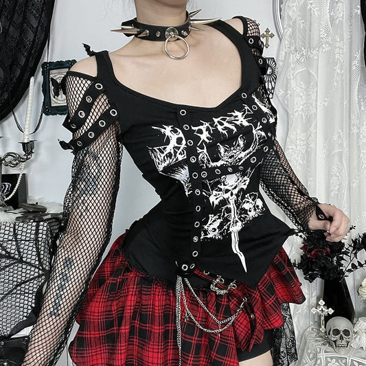 Women Gothic Mesh Long Sleeve Stitching Top