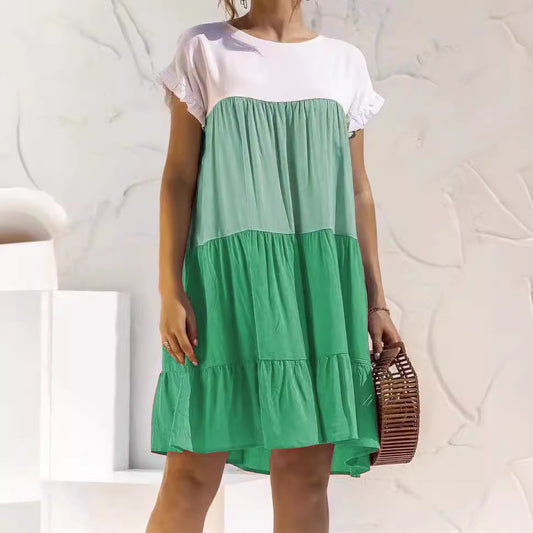 Vestido casual de cuello redondo con bloques de color a la moda para mujer