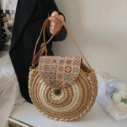 Bolso de paja redondo tejido informal bohemio