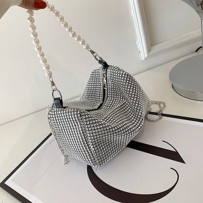 Women Rhinestone Pearl Strap Metal Chain Bag