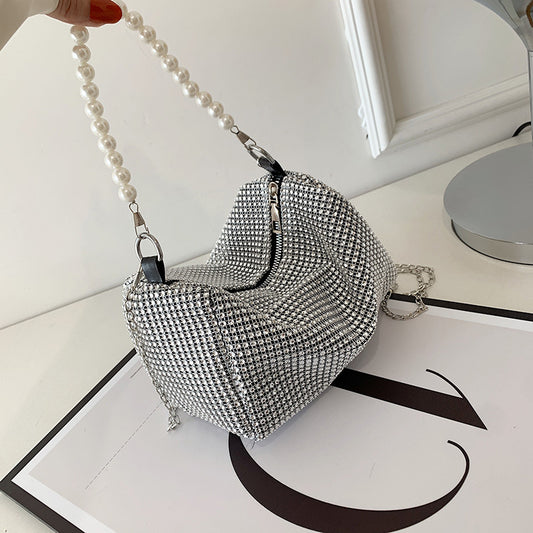 Bolso de cadena de metal con correa de perlas y diamantes de imitación para mujer