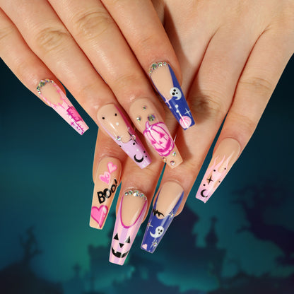 Women Halloween Pink Purple Purple Pumpkin Heart White Ghost Nails