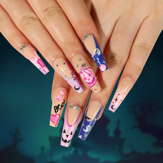 Women Halloween Pink Purple Purple Pumpkin Heart White Ghost Nails