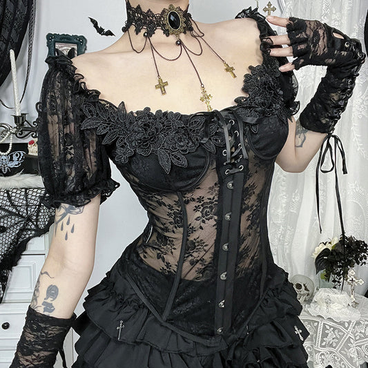 Women Dark Gothic Lace Tunic Top