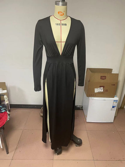 Vestido sexy de manga larga con escote en V y color liso para mujer