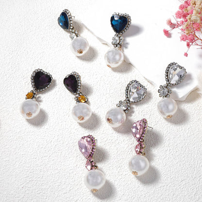 Pendientes de perlas y diamantes de imitación retro para mujer, joyería de moda estilo corazón