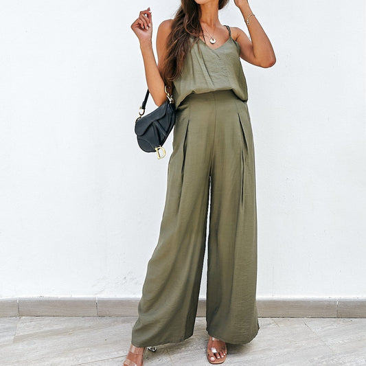 Women Casual Solid Color Sling Top and Pants Set