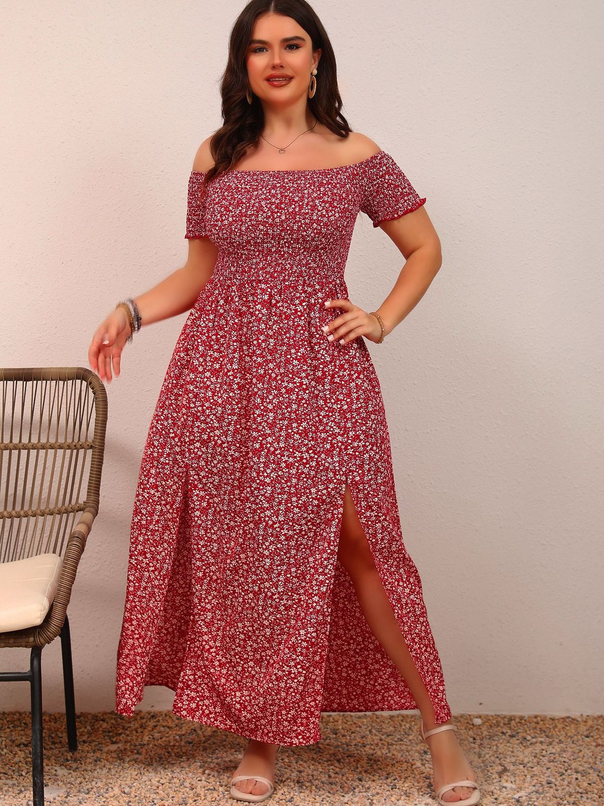 Vestido informal con estampado floral y hombros descubiertos para mujer, de poliéster, elegante, de manga larga
