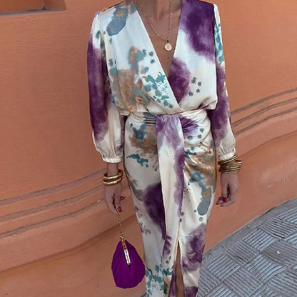 Women Fashion Elegant Printed V-Neck Two-Piece Set