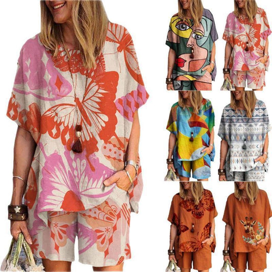 Women's Fashion Geometric Fawn Cotton and Linen Two-Piece Set